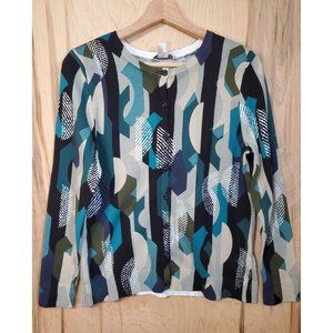 Christopher Banks Cardigan Sweater Green Multicolor Geometric Design Size SP NWT